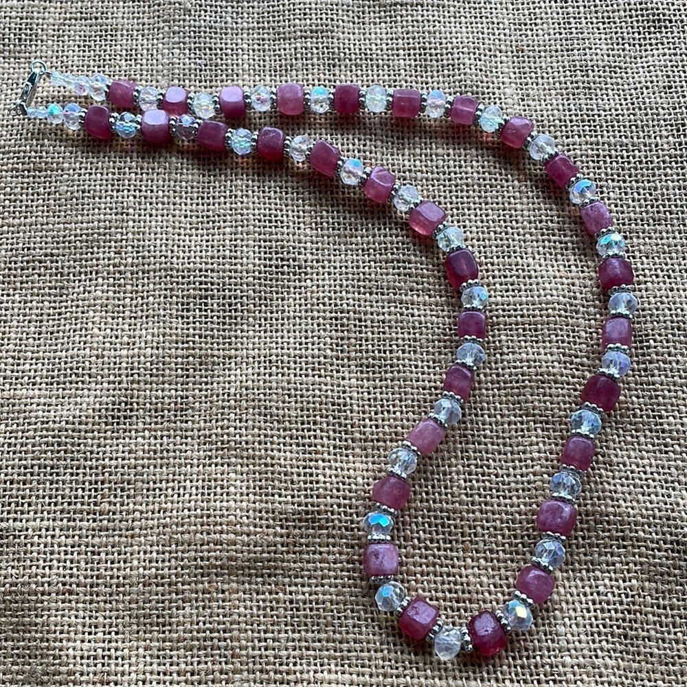 Strawberry quartz & crystal spacers Necklace 8mm Square Bead quartz New